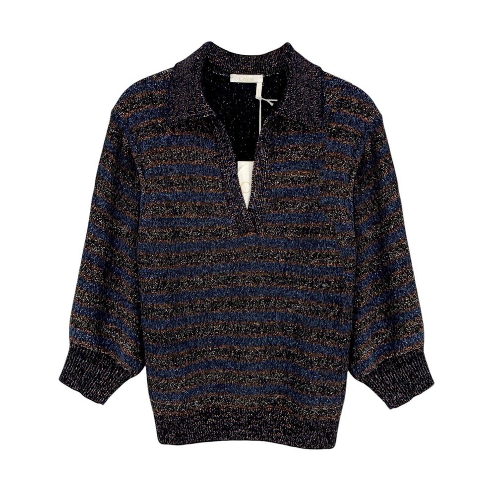 CHLOE Lurex Polo Sweater in Dark Navy M